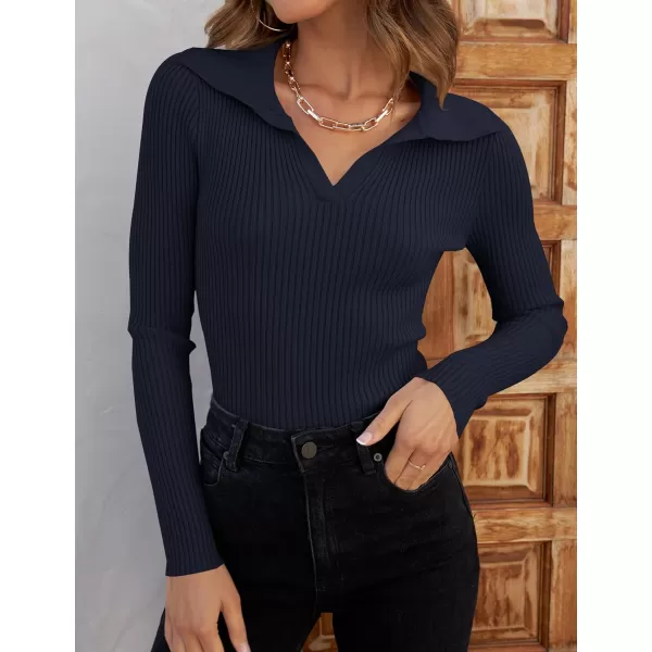 ZESICA Sweaters for Women 2024 Fall Long Sleeve V Neck Ribbed Knit Pullover Tops Casual Slim Fit Basic Tee ShirtsNavy