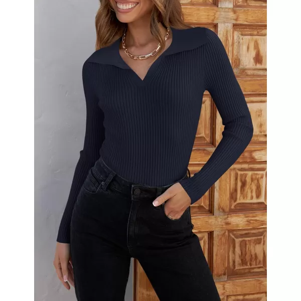ZESICA Sweaters for Women 2024 Fall Long Sleeve V Neck Ribbed Knit Pullover Tops Casual Slim Fit Basic Tee ShirtsNavy