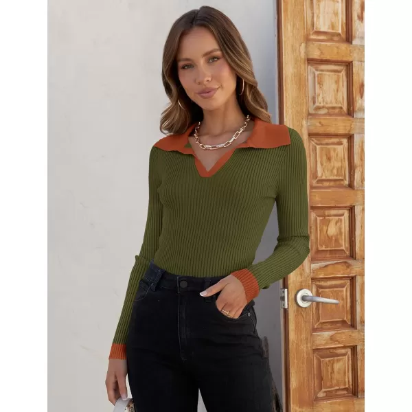 ZESICA Sweaters for Women 2024 Fall Long Sleeve V Neck Ribbed Knit Pullover Tops Casual Slim Fit Basic Tee ShirtsOlive