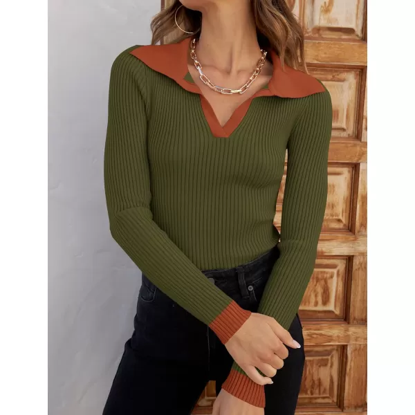 ZESICA Sweaters for Women 2024 Fall Long Sleeve V Neck Ribbed Knit Pullover Tops Casual Slim Fit Basic Tee ShirtsOlive