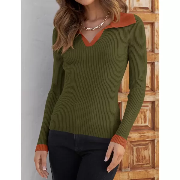 ZESICA Sweaters for Women 2024 Fall Long Sleeve V Neck Ribbed Knit Pullover Tops Casual Slim Fit Basic Tee ShirtsOlive