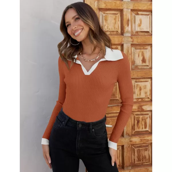 ZESICA Sweaters for Women 2024 Fall Long Sleeve V Neck Ribbed Knit Pullover Tops Casual Slim Fit Basic Tee ShirtsOrange