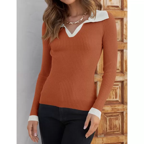 ZESICA Sweaters for Women 2024 Fall Long Sleeve V Neck Ribbed Knit Pullover Tops Casual Slim Fit Basic Tee ShirtsOrange