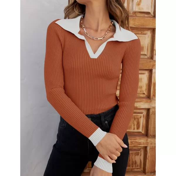 ZESICA Sweaters for Women 2024 Fall Long Sleeve V Neck Ribbed Knit Pullover Tops Casual Slim Fit Basic Tee ShirtsOrange