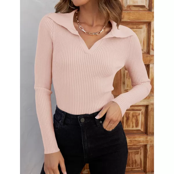 ZESICA Sweaters for Women 2024 Fall Long Sleeve V Neck Ribbed Knit Pullover Tops Casual Slim Fit Basic Tee ShirtsPink