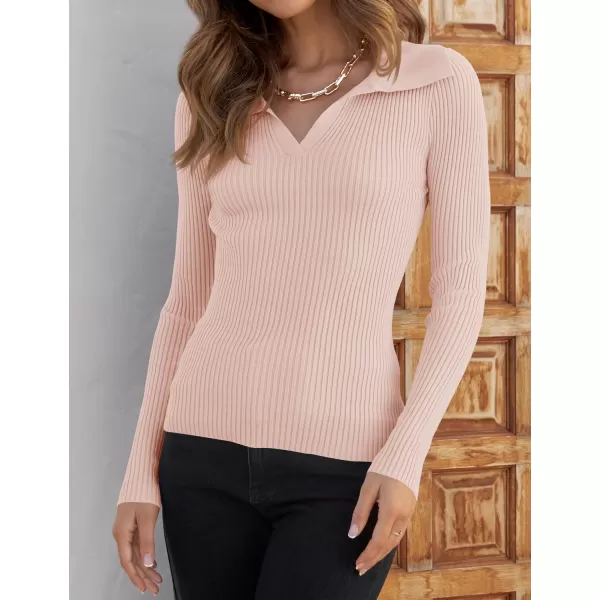 ZESICA Sweaters for Women 2024 Fall Long Sleeve V Neck Ribbed Knit Pullover Tops Casual Slim Fit Basic Tee ShirtsPink