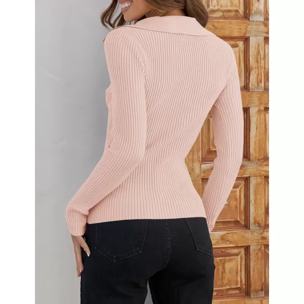 ZESICA Sweaters for Women 2024 Fall Long Sleeve V Neck Ribbed Knit Pullover Tops Casual Slim Fit Basic Tee ShirtsPink