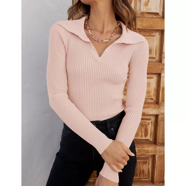 ZESICA Sweaters for Women 2024 Fall Long Sleeve V Neck Ribbed Knit Pullover Tops Casual Slim Fit Basic Tee ShirtsPink