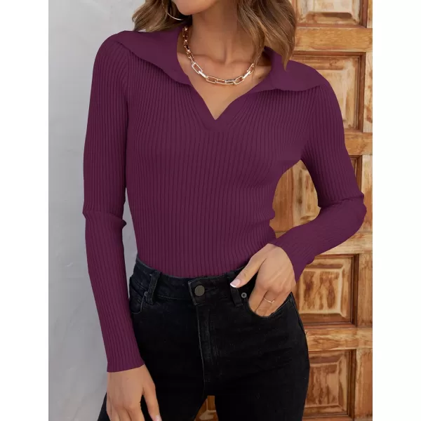 ZESICA Sweaters for Women 2024 Fall Long Sleeve V Neck Ribbed Knit Pullover Tops Casual Slim Fit Basic Tee ShirtsPlum