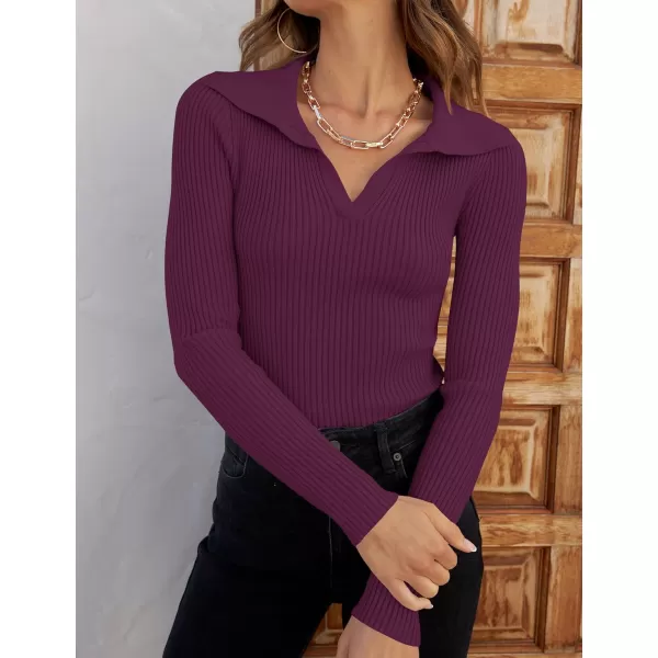 ZESICA Sweaters for Women 2024 Fall Long Sleeve V Neck Ribbed Knit Pullover Tops Casual Slim Fit Basic Tee ShirtsPlum