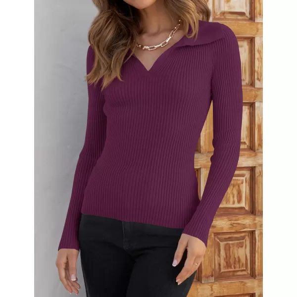 ZESICA Sweaters for Women 2024 Fall Long Sleeve V Neck Ribbed Knit Pullover Tops Casual Slim Fit Basic Tee ShirtsPlum