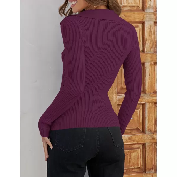 ZESICA Sweaters for Women 2024 Fall Long Sleeve V Neck Ribbed Knit Pullover Tops Casual Slim Fit Basic Tee ShirtsPlum