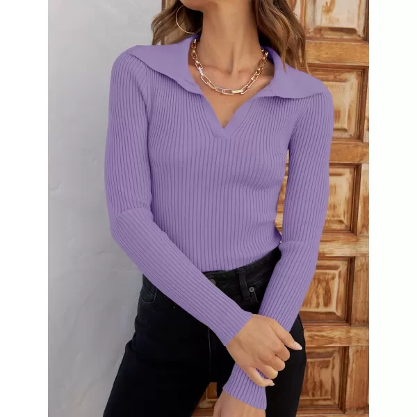 ZESICA Sweaters for Women 2024 Fall Long Sleeve V Neck Ribbed Knit Pullover Tops Casual Slim Fit Basic Tee ShirtsPurple