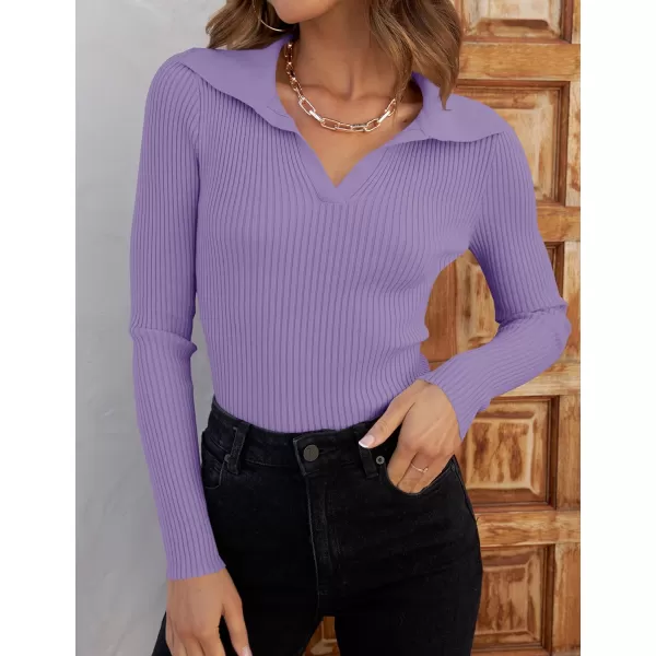 ZESICA Sweaters for Women 2024 Fall Long Sleeve V Neck Ribbed Knit Pullover Tops Casual Slim Fit Basic Tee ShirtsPurple