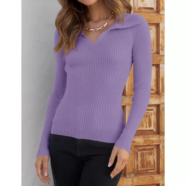 ZESICA Sweaters for Women 2024 Fall Long Sleeve V Neck Ribbed Knit Pullover Tops Casual Slim Fit Basic Tee ShirtsPurple