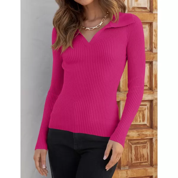ZESICA Sweaters for Women 2024 Fall Long Sleeve V Neck Ribbed Knit Pullover Tops Casual Slim Fit Basic Tee ShirtsRose