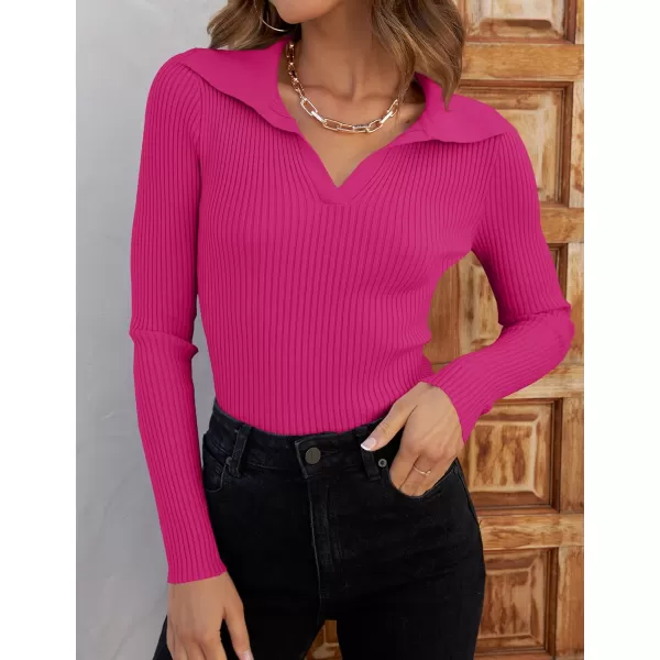 ZESICA Sweaters for Women 2024 Fall Long Sleeve V Neck Ribbed Knit Pullover Tops Casual Slim Fit Basic Tee ShirtsRose