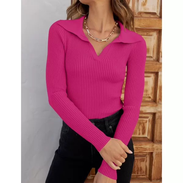 ZESICA Sweaters for Women 2024 Fall Long Sleeve V Neck Ribbed Knit Pullover Tops Casual Slim Fit Basic Tee ShirtsRose