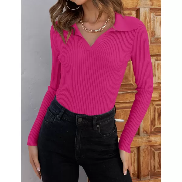ZESICA Sweaters for Women 2024 Fall Long Sleeve V Neck Ribbed Knit Pullover Tops Casual Slim Fit Basic Tee ShirtsRose