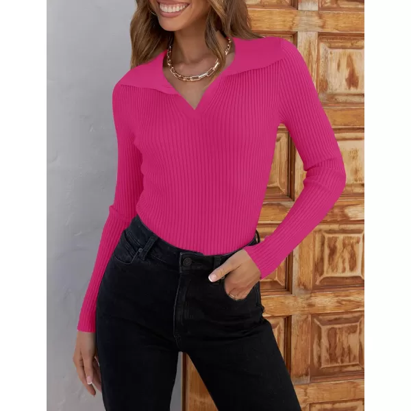 ZESICA Sweaters for Women 2024 Fall Long Sleeve V Neck Ribbed Knit Pullover Tops Casual Slim Fit Basic Tee ShirtsRose