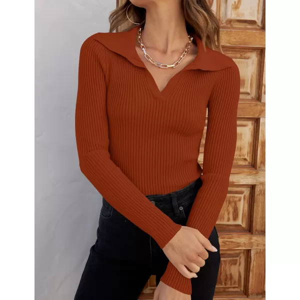 ZESICA Sweaters for Women 2024 Fall Long Sleeve V Neck Ribbed Knit Pullover Tops Casual Slim Fit Basic Tee ShirtsRust