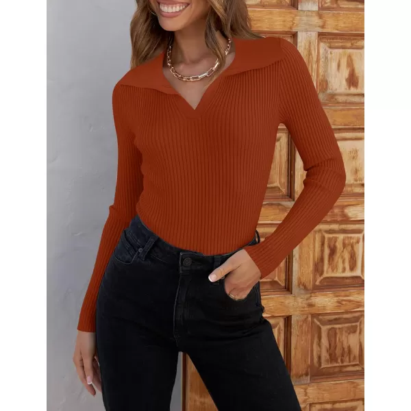 ZESICA Sweaters for Women 2024 Fall Long Sleeve V Neck Ribbed Knit Pullover Tops Casual Slim Fit Basic Tee ShirtsRust
