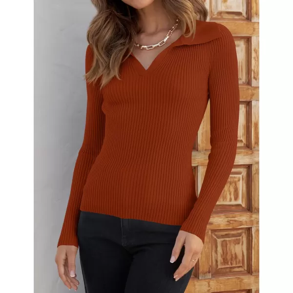 ZESICA Sweaters for Women 2024 Fall Long Sleeve V Neck Ribbed Knit Pullover Tops Casual Slim Fit Basic Tee ShirtsRust