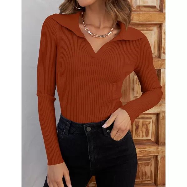 ZESICA Sweaters for Women 2024 Fall Long Sleeve V Neck Ribbed Knit Pullover Tops Casual Slim Fit Basic Tee ShirtsRust