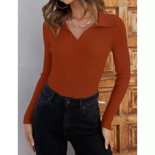 ZESICA Sweaters for Women 2024 Fall Long Sleeve V Neck Ribbed Knit Pullover Tops Casual Slim Fit Basic Tee ShirtsRust