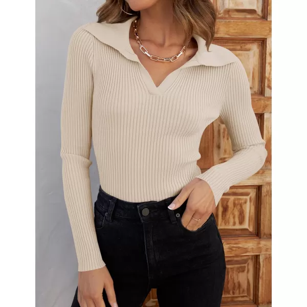 ZESICA Sweaters for Women 2024 Fall Long Sleeve V Neck Ribbed Knit Pullover Tops Casual Slim Fit Basic Tee ShirtsSand