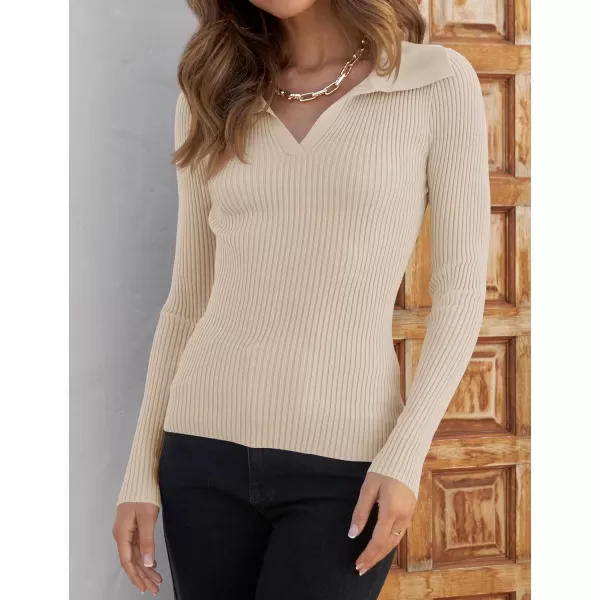 ZESICA Sweaters for Women 2024 Fall Long Sleeve V Neck Ribbed Knit Pullover Tops Casual Slim Fit Basic Tee ShirtsSand
