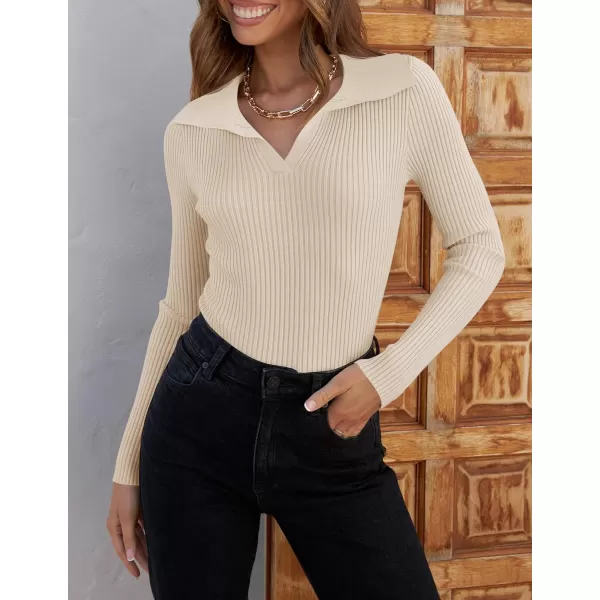 ZESICA Sweaters for Women 2024 Fall Long Sleeve V Neck Ribbed Knit Pullover Tops Casual Slim Fit Basic Tee ShirtsSand