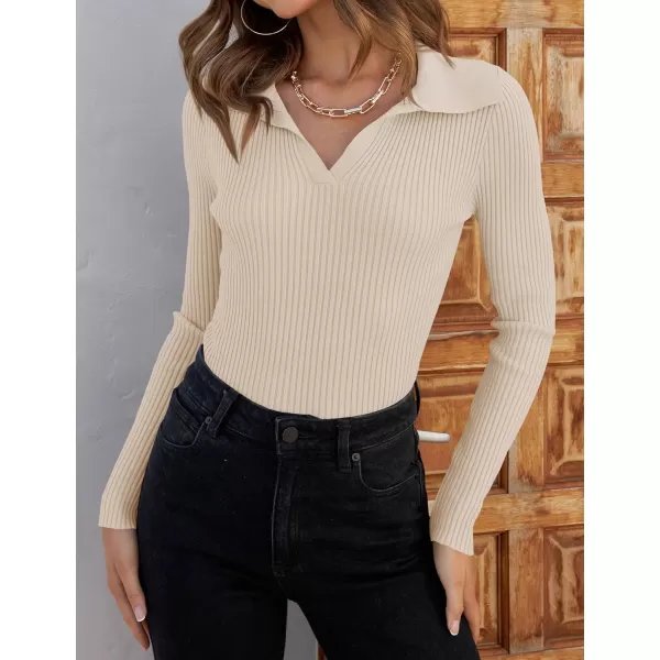 ZESICA Sweaters for Women 2024 Fall Long Sleeve V Neck Ribbed Knit Pullover Tops Casual Slim Fit Basic Tee ShirtsSand