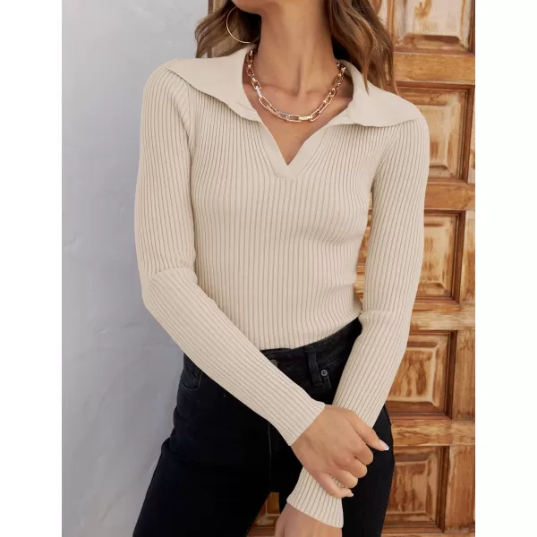 ZESICA Sweaters for Women 2024 Fall Long Sleeve V Neck Ribbed Knit Pullover Tops Casual Slim Fit Basic Tee ShirtsSand