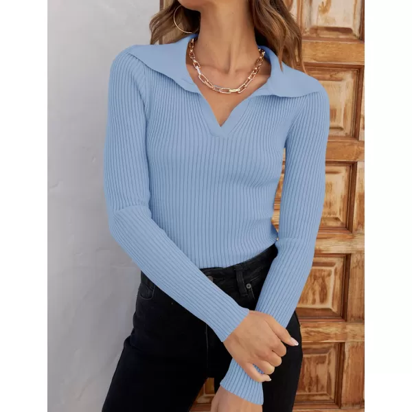 ZESICA Sweaters for Women 2024 Fall Long Sleeve V Neck Ribbed Knit Pullover Tops Casual Slim Fit Basic Tee ShirtsSky