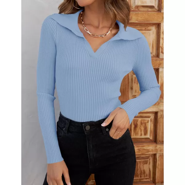 ZESICA Sweaters for Women 2024 Fall Long Sleeve V Neck Ribbed Knit Pullover Tops Casual Slim Fit Basic Tee ShirtsSky