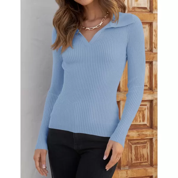 ZESICA Sweaters for Women 2024 Fall Long Sleeve V Neck Ribbed Knit Pullover Tops Casual Slim Fit Basic Tee ShirtsSky