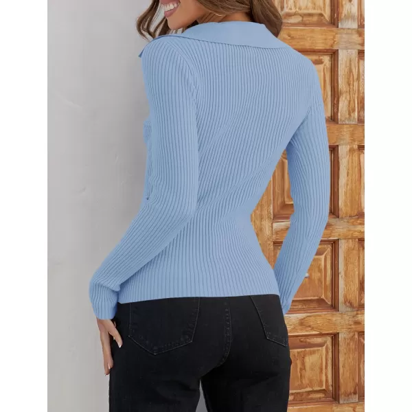 ZESICA Sweaters for Women 2024 Fall Long Sleeve V Neck Ribbed Knit Pullover Tops Casual Slim Fit Basic Tee ShirtsSky