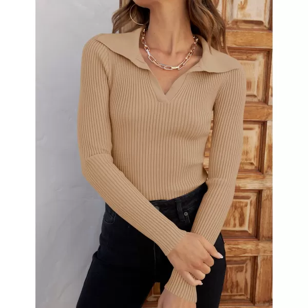 ZESICA Sweaters for Women 2024 Fall Long Sleeve V Neck Ribbed Knit Pullover Tops Casual Slim Fit Basic Tee ShirtsToffee
