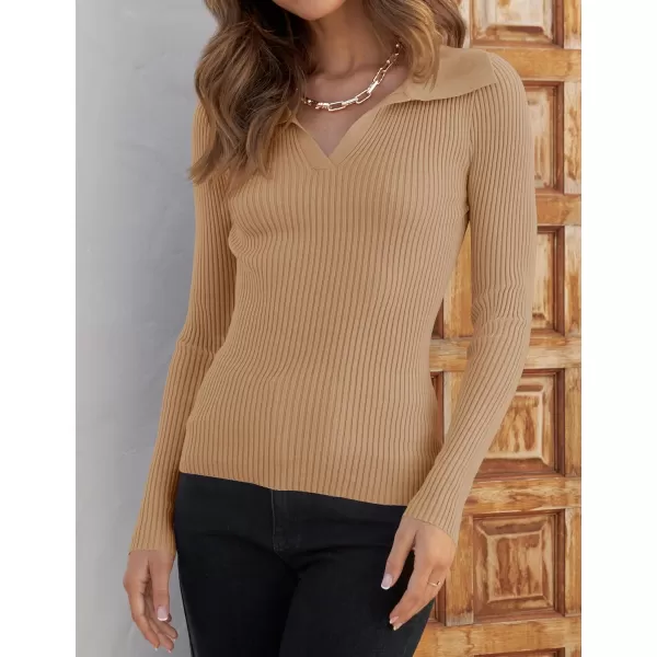 ZESICA Sweaters for Women 2024 Fall Long Sleeve V Neck Ribbed Knit Pullover Tops Casual Slim Fit Basic Tee ShirtsToffee