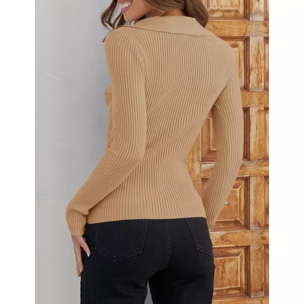 ZESICA Sweaters for Women 2024 Fall Long Sleeve V Neck Ribbed Knit Pullover Tops Casual Slim Fit Basic Tee ShirtsToffee