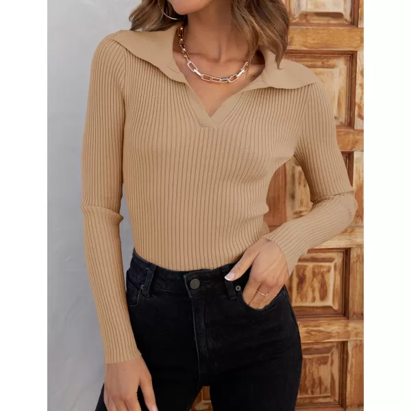 ZESICA Sweaters for Women 2024 Fall Long Sleeve V Neck Ribbed Knit Pullover Tops Casual Slim Fit Basic Tee ShirtsToffee