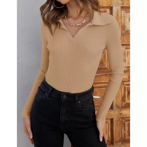 ZESICA Sweaters for Women 2024 Fall Long Sleeve V Neck Ribbed Knit Pullover Tops Casual Slim Fit Basic Tee ShirtsToffee