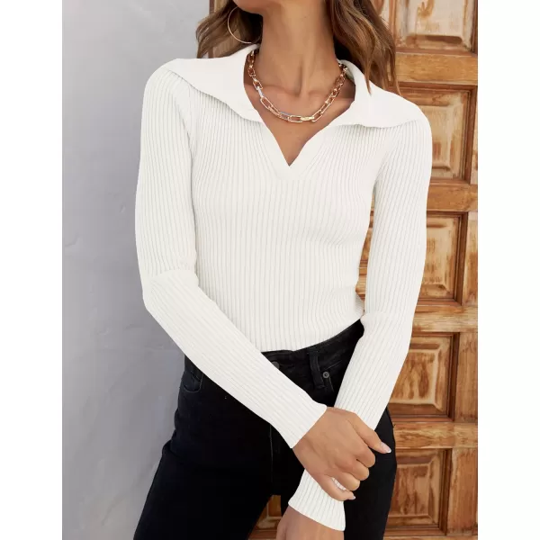 ZESICA Sweaters for Women 2024 Fall Long Sleeve V Neck Ribbed Knit Pullover Tops Casual Slim Fit Basic Tee ShirtsWhite