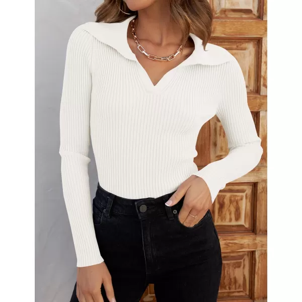 ZESICA Sweaters for Women 2024 Fall Long Sleeve V Neck Ribbed Knit Pullover Tops Casual Slim Fit Basic Tee ShirtsWhite