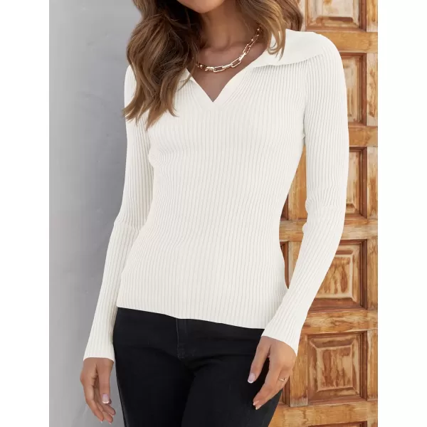 ZESICA Sweaters for Women 2024 Fall Long Sleeve V Neck Ribbed Knit Pullover Tops Casual Slim Fit Basic Tee ShirtsWhite