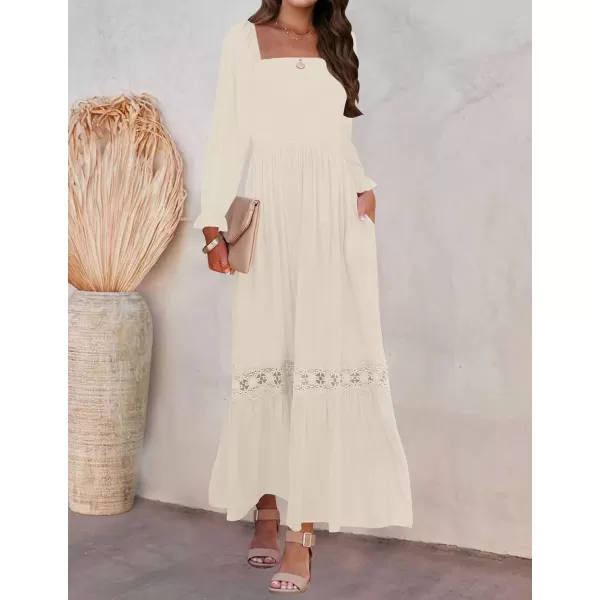 ZESICA Womens 2024 Boho Long Sleeve Square Neck Smocked High Waist Flowy A Line Lace Trim Maxi DressApricot
