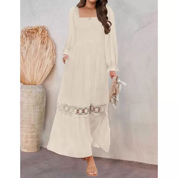ZESICA Womens 2024 Boho Long Sleeve Square Neck Smocked High Waist Flowy A Line Lace Trim Maxi DressApricot