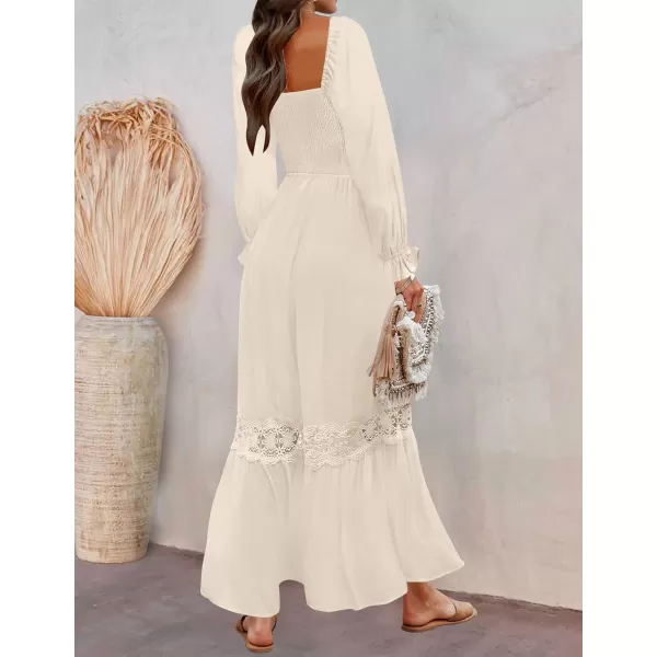 ZESICA Womens 2024 Boho Long Sleeve Square Neck Smocked High Waist Flowy A Line Lace Trim Maxi DressApricot
