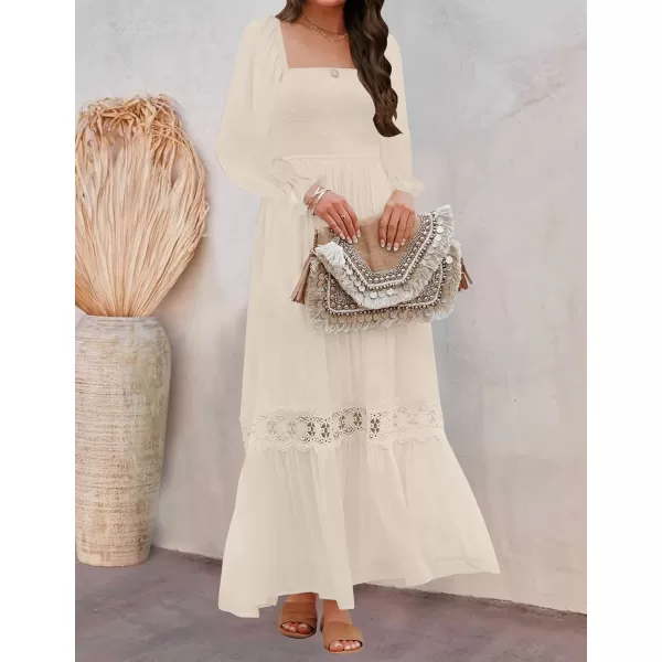 ZESICA Womens 2024 Boho Long Sleeve Square Neck Smocked High Waist Flowy A Line Lace Trim Maxi DressApricot